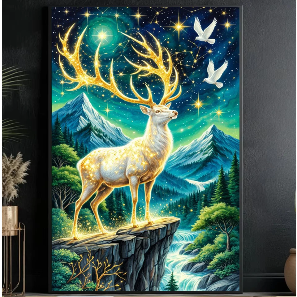 Resin Art Work - สินค้าใหม่ ชุดปักเพชร 5D ลายกวางเรนเดียร์สีทองในฝัน งานศิลปะปักเพชรเต็มผืน ครอสสติช